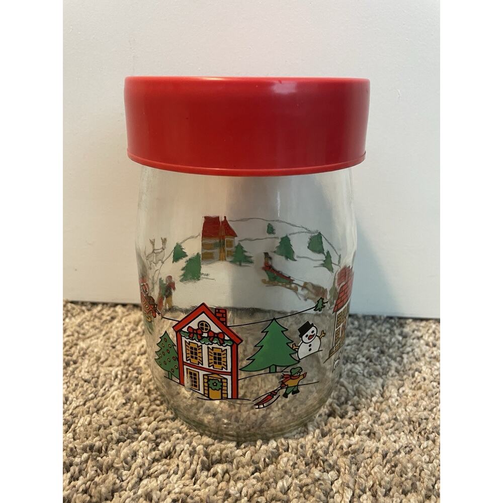 Vintage Carlton Glass Christmas Cookie Jar Red Lid Holiday Village 1980s 6.5”